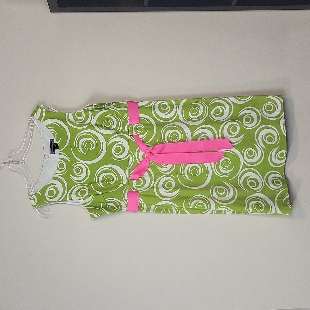 JESSICA HOWARD Lime Green Swirl Pink Detail Waist Sleeveless Sheath Dress